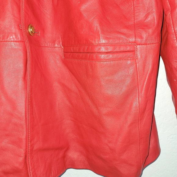 Manart Red Leather Coat Jacket Women's Button Down Lined Pockets Size Large - Picture 2 of 12